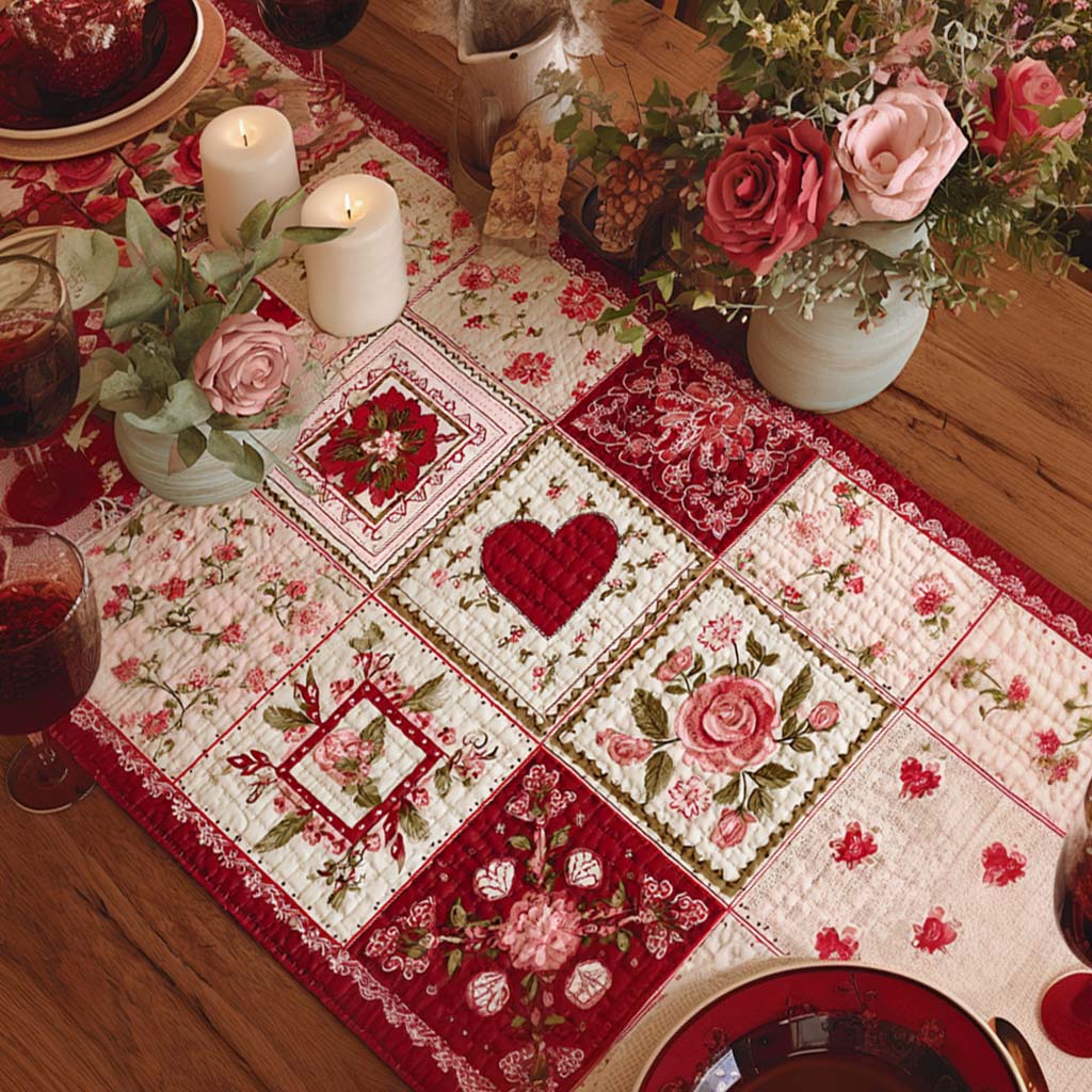 Hearts and Roses Quilted Table Runner Margaret York