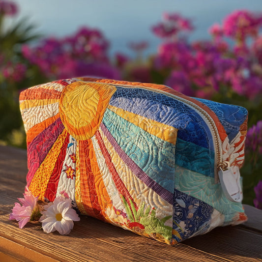 Padded makeup bag with colorful boho ray patchwork, zip-top closure