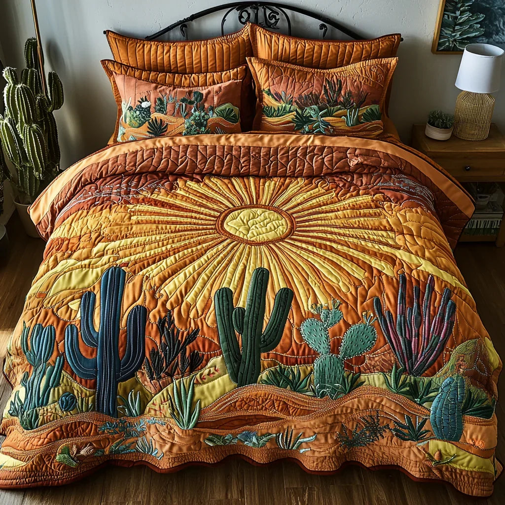 Quilted bed set with orange cactus print and sunrise medallion on comforter