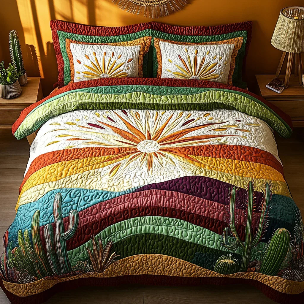 Quilted bedding set with cactus and sunburst prints, multicolor striped border