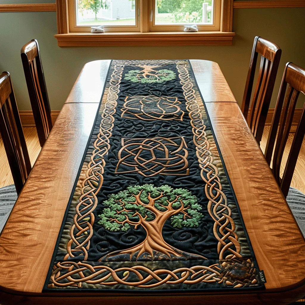 Quilted table runner with black Celtic knot border and green tree applique