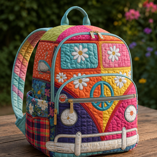 Quilted boho backpack with floral patches, multicolor panels, front zipper pocket, top handle