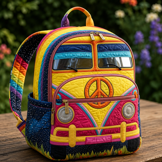 Colorful quilted boho backpack with peace sign front, top handle, side pockets