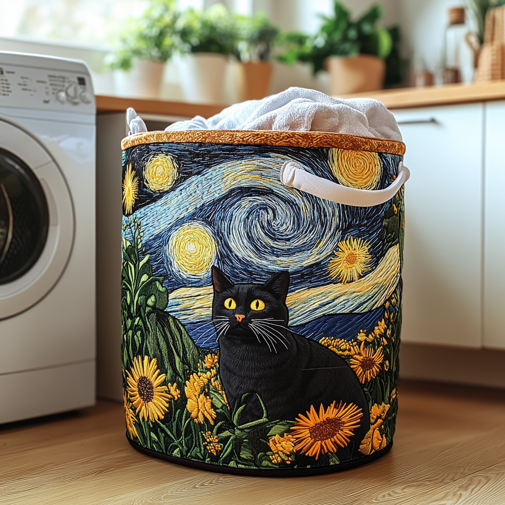 Artisan-made round laundry basket with black cat under starry sunflower scene