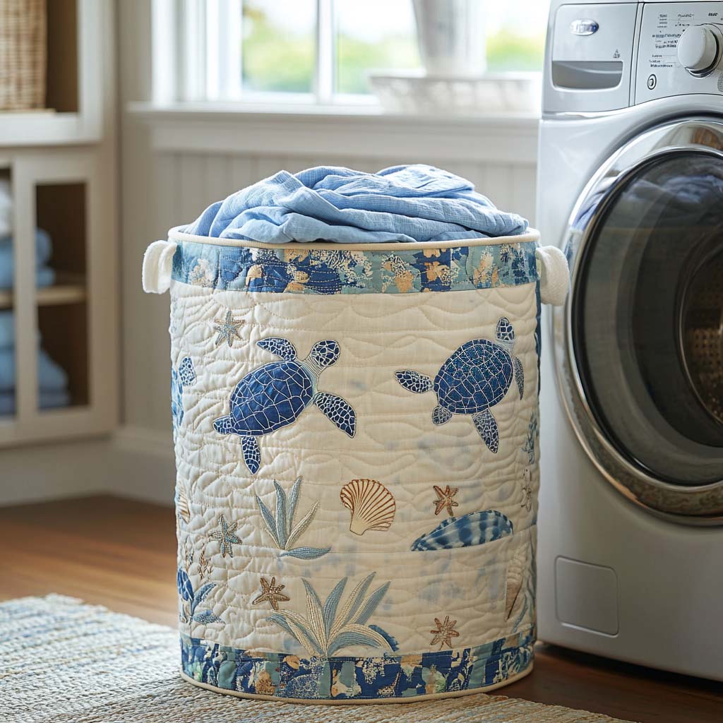 Artisan-made laundry basket, quilted fabric with blue sea creatures on cream background.