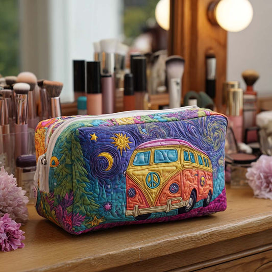 Padded makeup bag with colorful cosmic road trip print, fabric zipper top and front panel