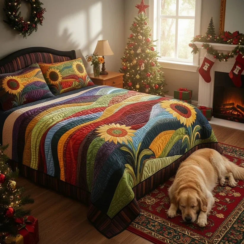 Quilted bed set with vibrant sunflower quilt pattern and two matching pillow covers