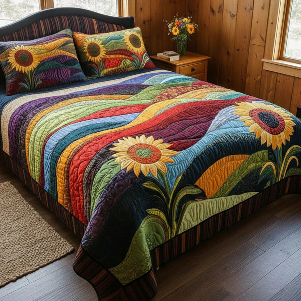 Quilted bed set featuring sunflower patchwork quilt with two matching decorative pillows