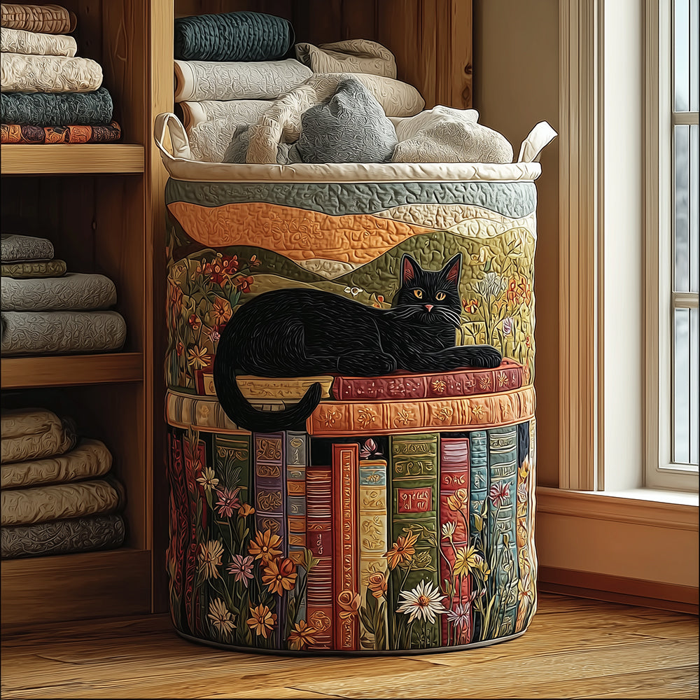 Handcrafted cozy laundry basket, cylindrical fabric with colorful floral patchwork panels