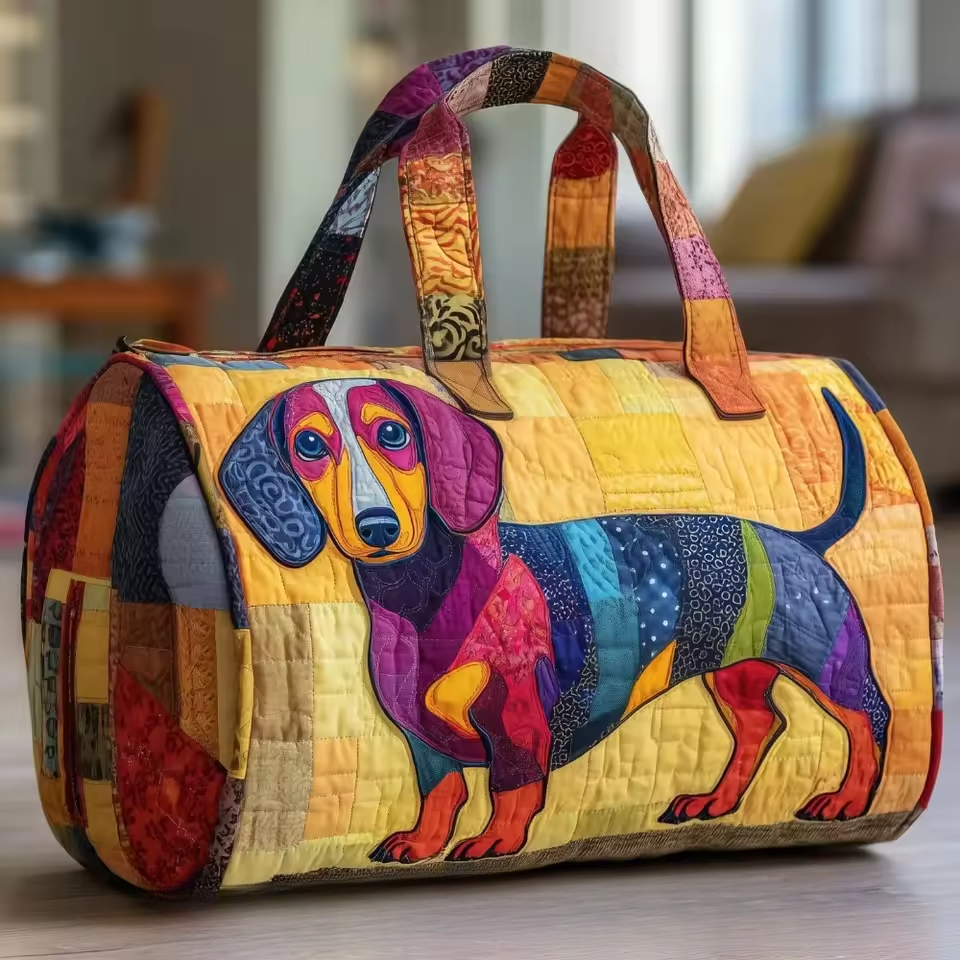 Quilted soft travel bag with colorful dog applique and dual side handles