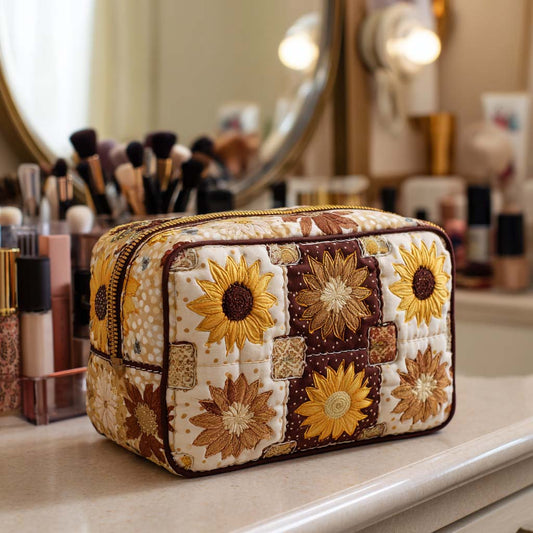 Quilted patchwork makeup bag with sunflower prints and zip closure