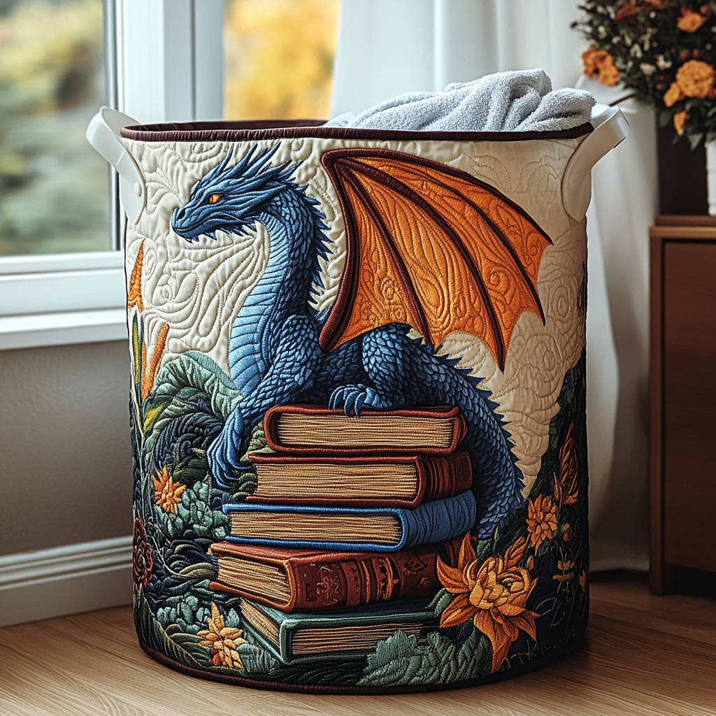 Fabric laundry hamper with hinged lid, blue and orange dragon books graphic