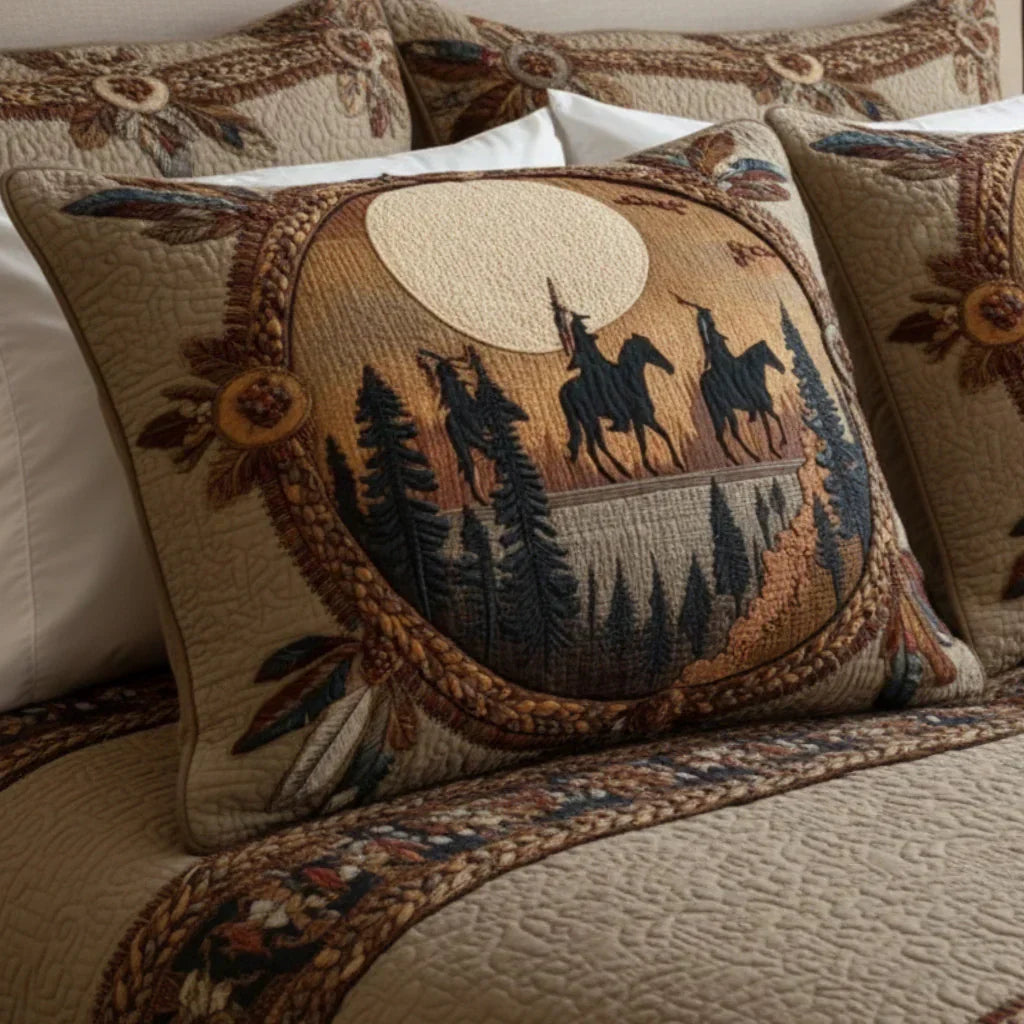 Quilted dreamcatcher circle cushion cover with scenic horses and trees applique