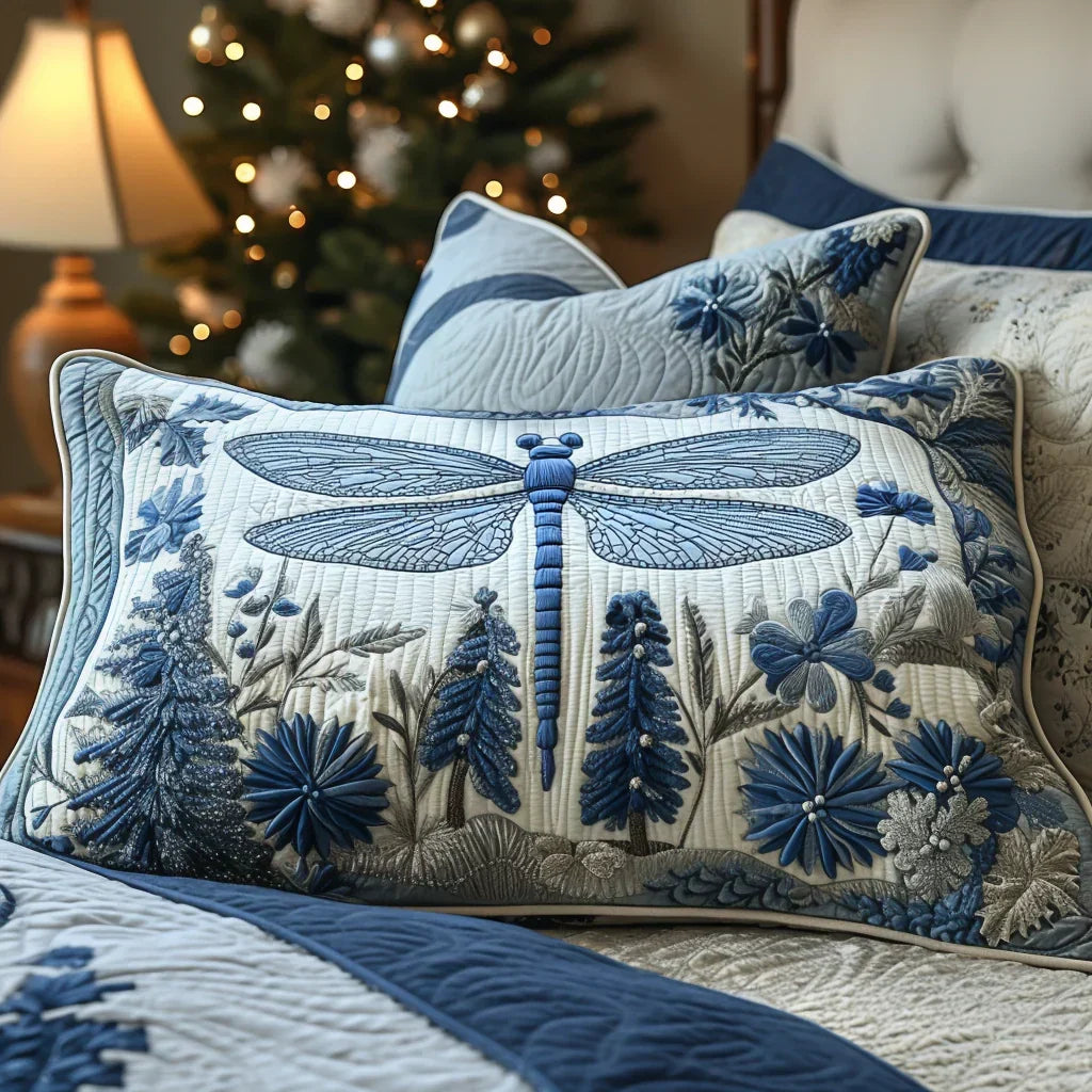 Quilted cushion cover with blue dragonfly and floral pattern, piped edges
