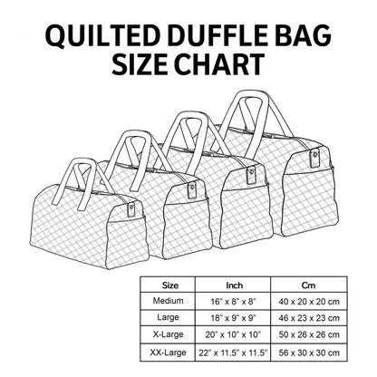 Quilted duffle bag size chart listing Medium to XXX-Large measurements
