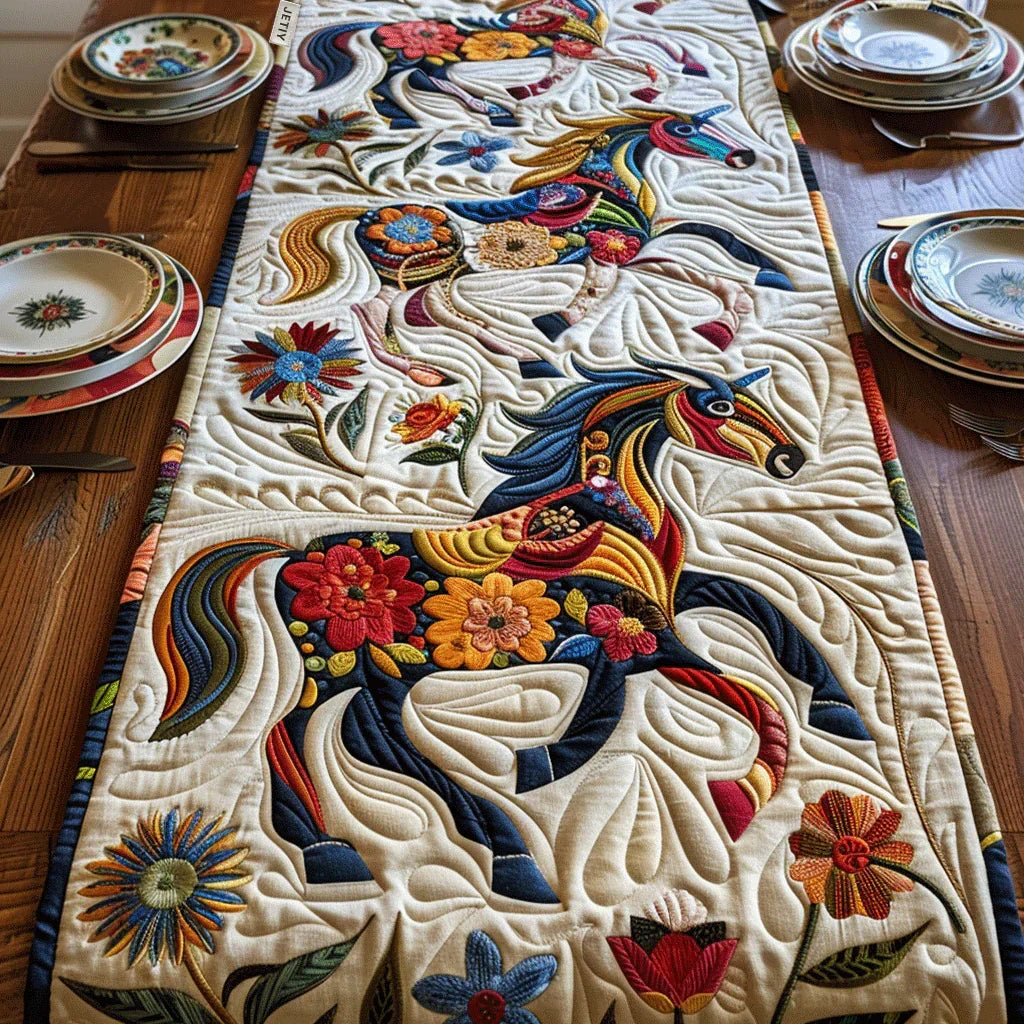 Quilted table runner with appliqued galloping horse and colorful floral embroidery