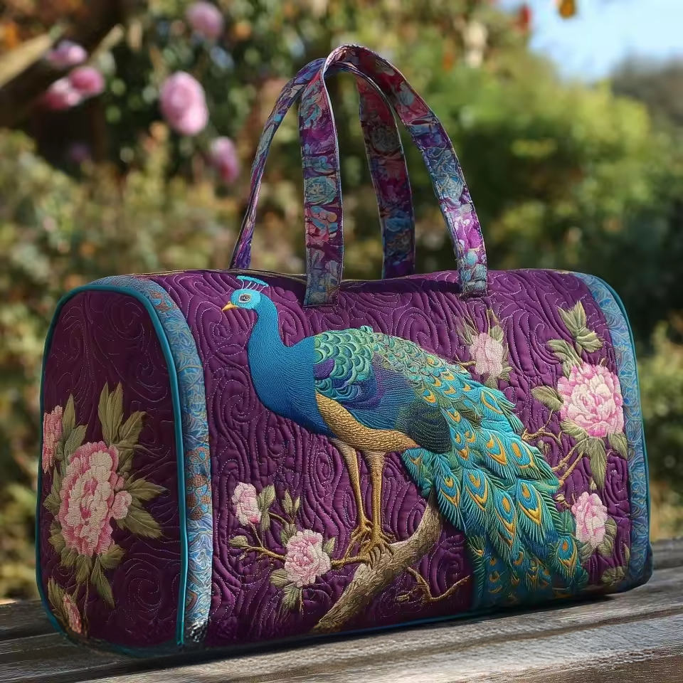 Quilted soft travel bag in purple with peacock and floral print, teal trim, top handles