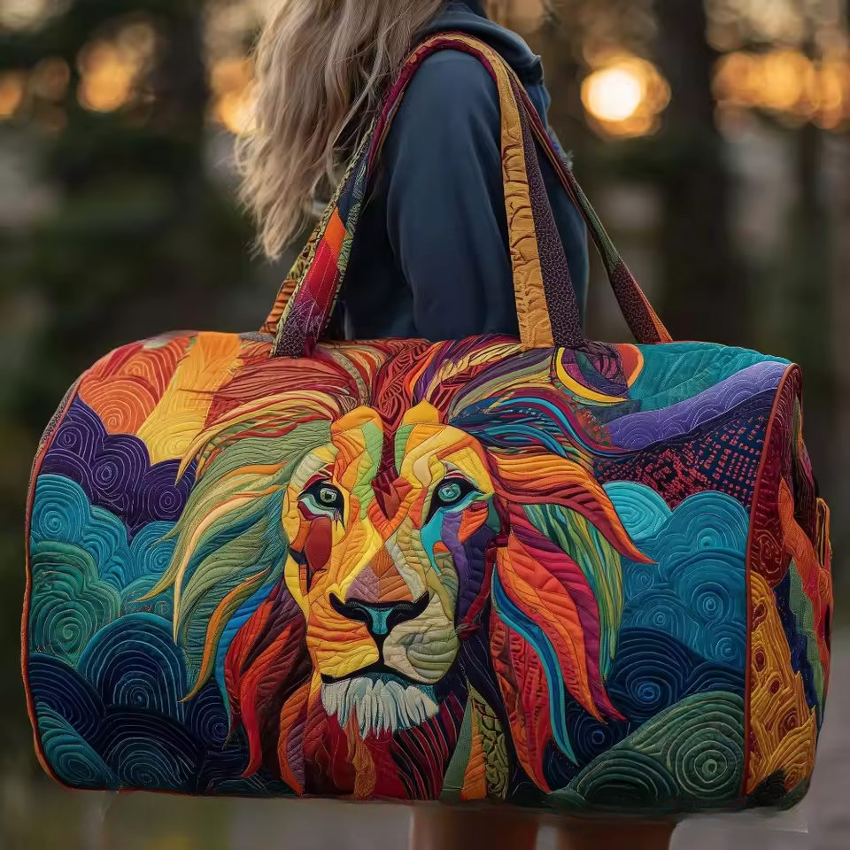 Artisan soft travel bag with colorful embroidered lion face and top handles