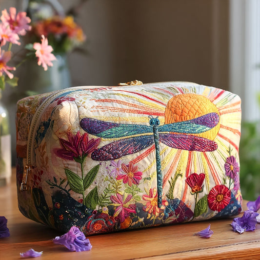 Padded makeup bag with colorful floral and striped design, zip closure and top handle.