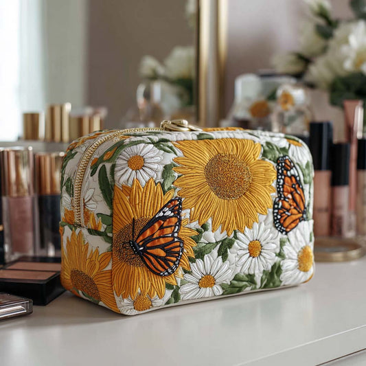 Padded makeup bag with sunflower and daisy print, butterfly accents, zippered closure