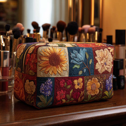 Padded makeup bag with colorful floral patchwork, zip-top, rectangular shape