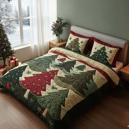 Quilted bed set with tree quilt bedspread and two matching shams in green and red details.