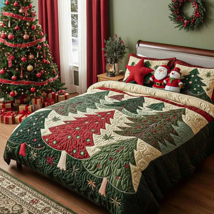 Quilted bed set with pine tree applique quilt and two shams in green, red, and cream.