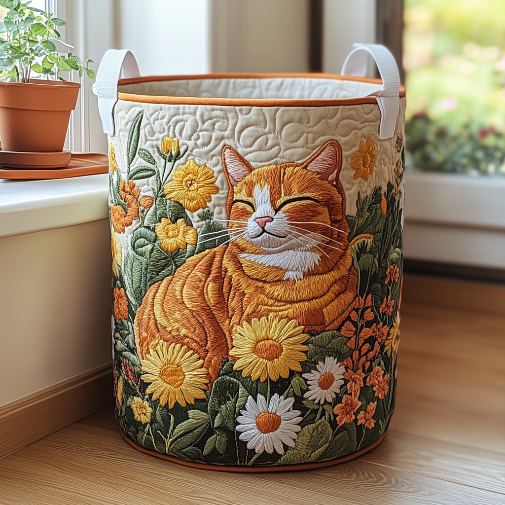 Handcrafted forest cat fabric laundry basket with floral embroidery and two rope handles