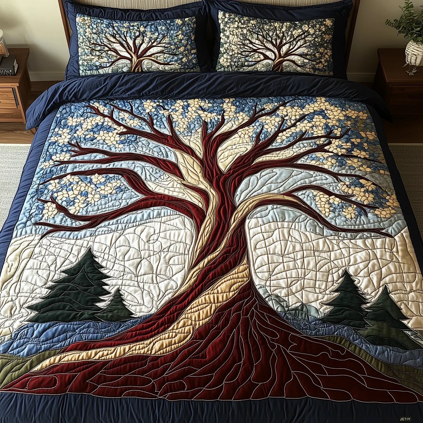 3-piece quilted bed set with tree-of-life print, dark navy quilt, 2 matching pillows