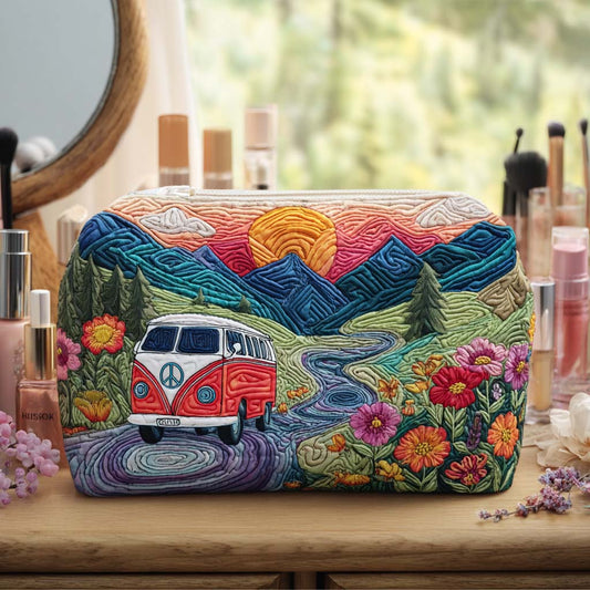Quilted makeup bag with colorful mountain landscape and flower print, zipper top