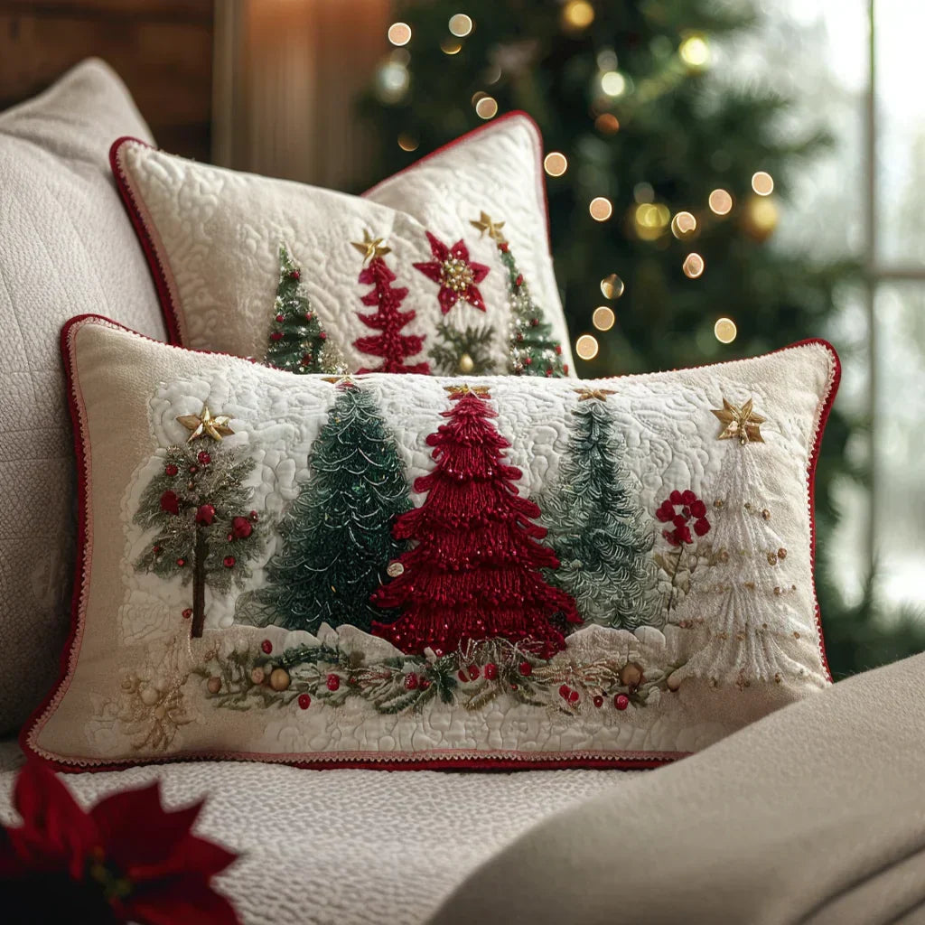 Quilted Christmas cushion cover with trees, red piping, and gold star accents