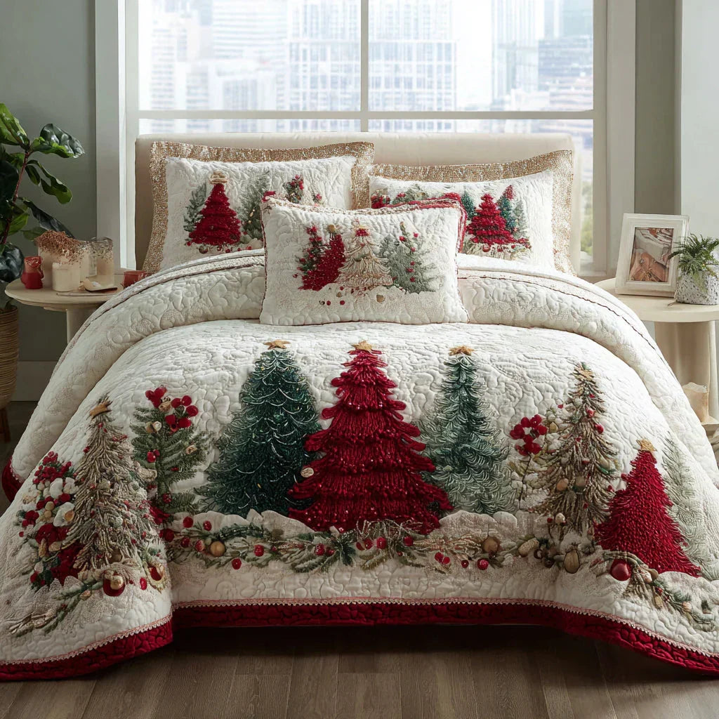Quilted bedding set with snowy holiday trees, red and green applique on white coverlet