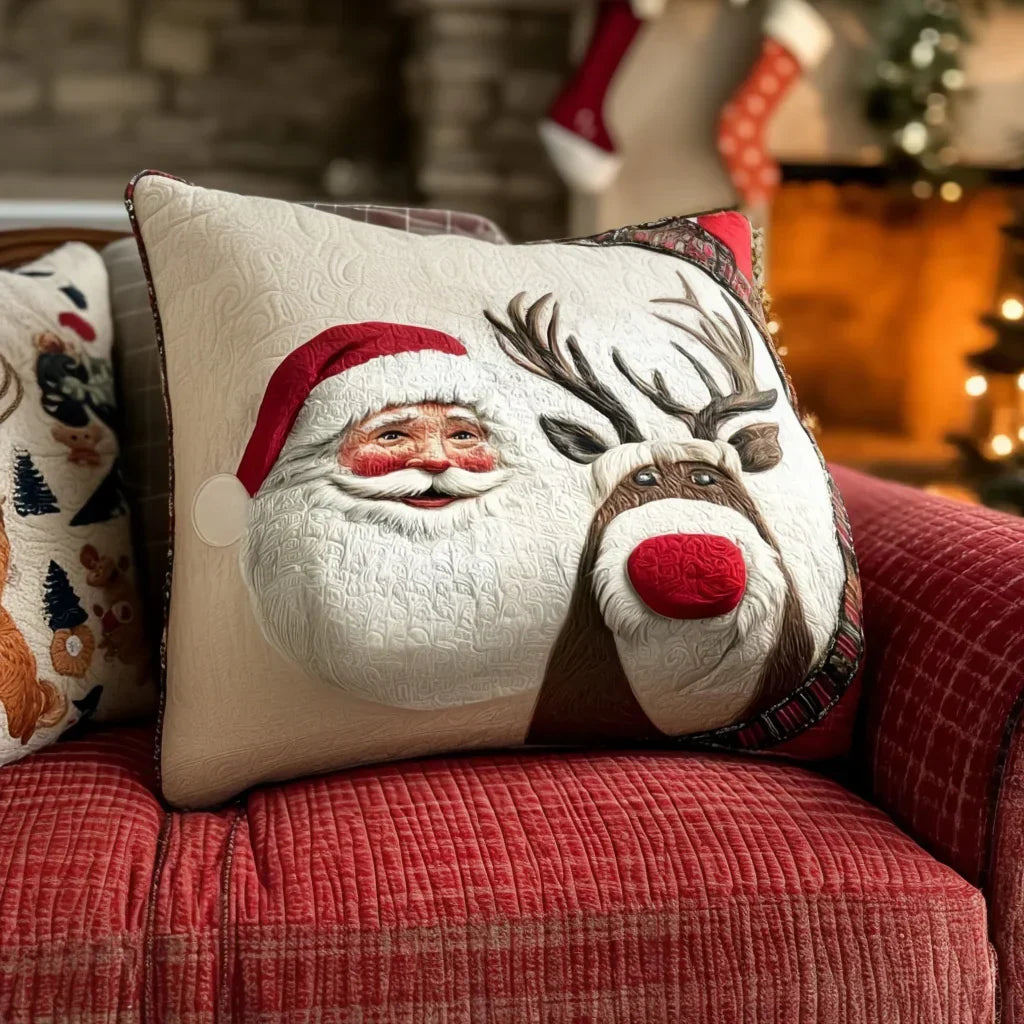 Quilted cushion cover, cream with embroidered Santa and reindeer face, red accents
