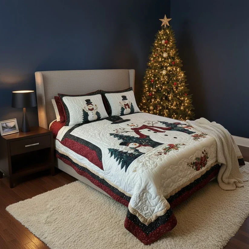 Quilted bed set with white comforter showing snowman and reindeer panel, red stripe trim