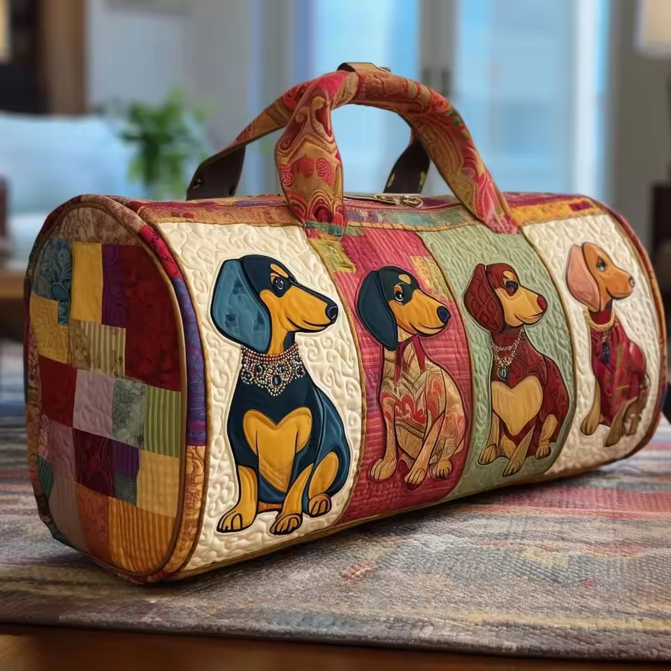 Quilted soft travel bag with colorful puppy dog patchwork design and top carry handles