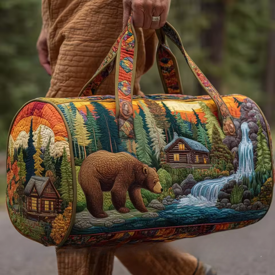 Artisan crafted soft travel bag with quilted fabric, colorful forest bear print and two top handles