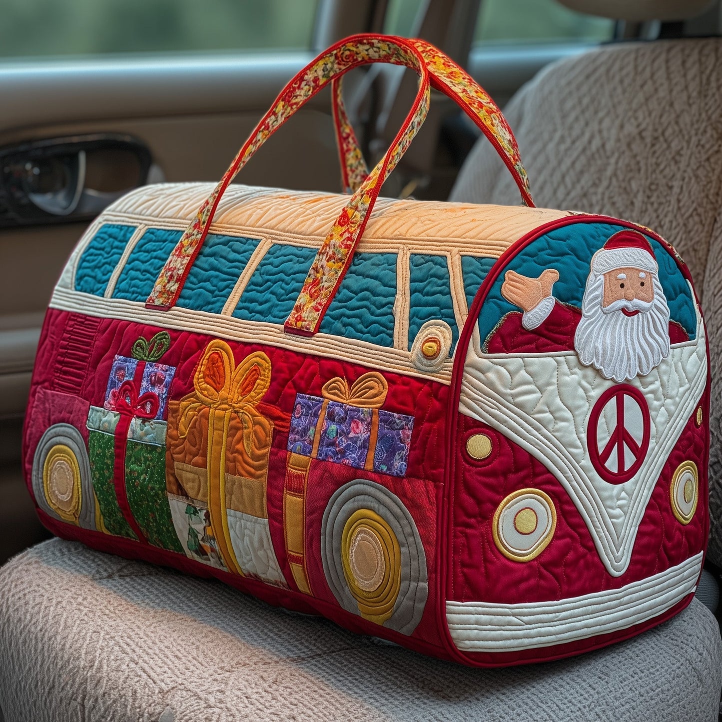 Quilted Christmas duffle bag with red handles, Santa patch and peace sign front panel.