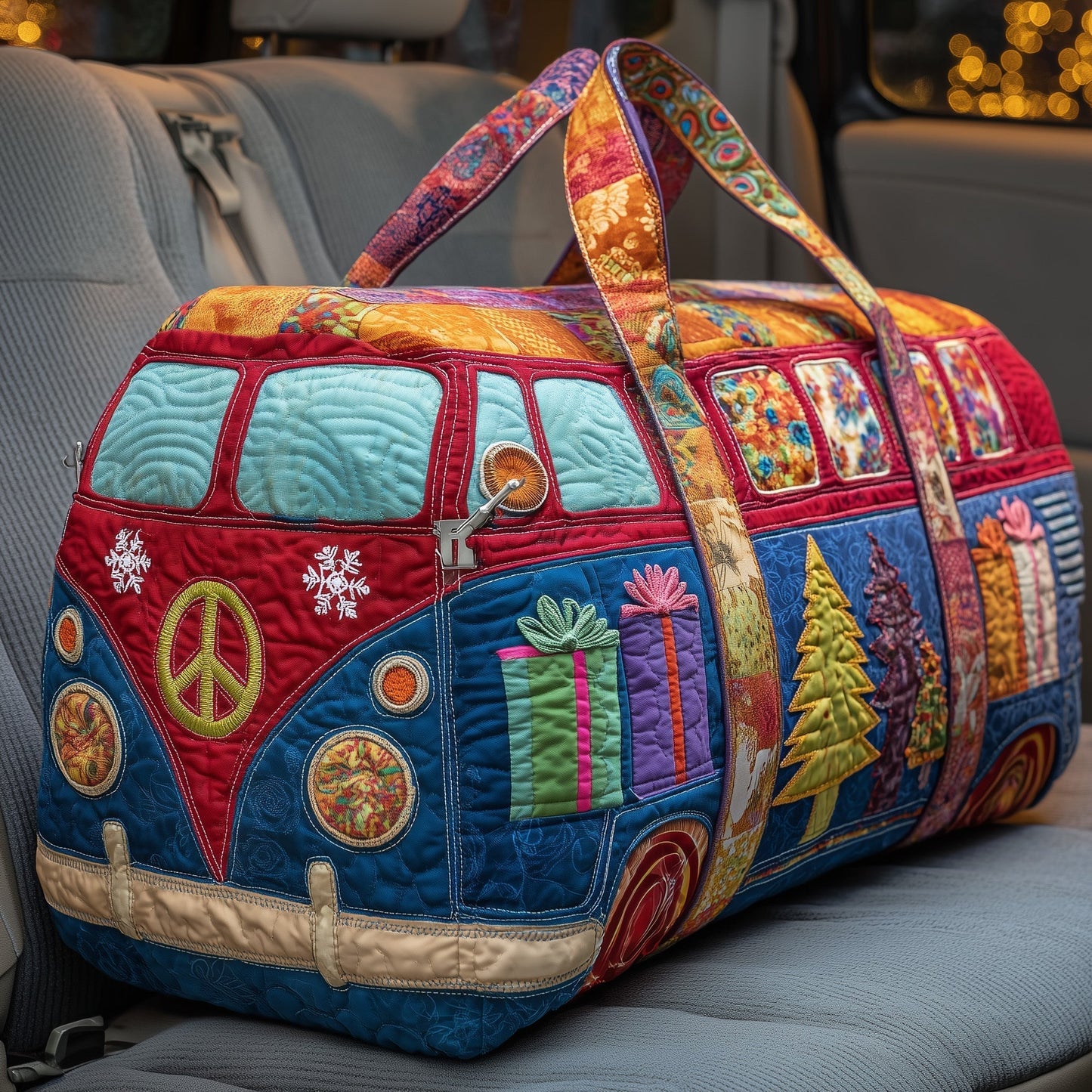 Quilted duffle bag with colorful patchwork panels, top handles, and front zipper pocket
