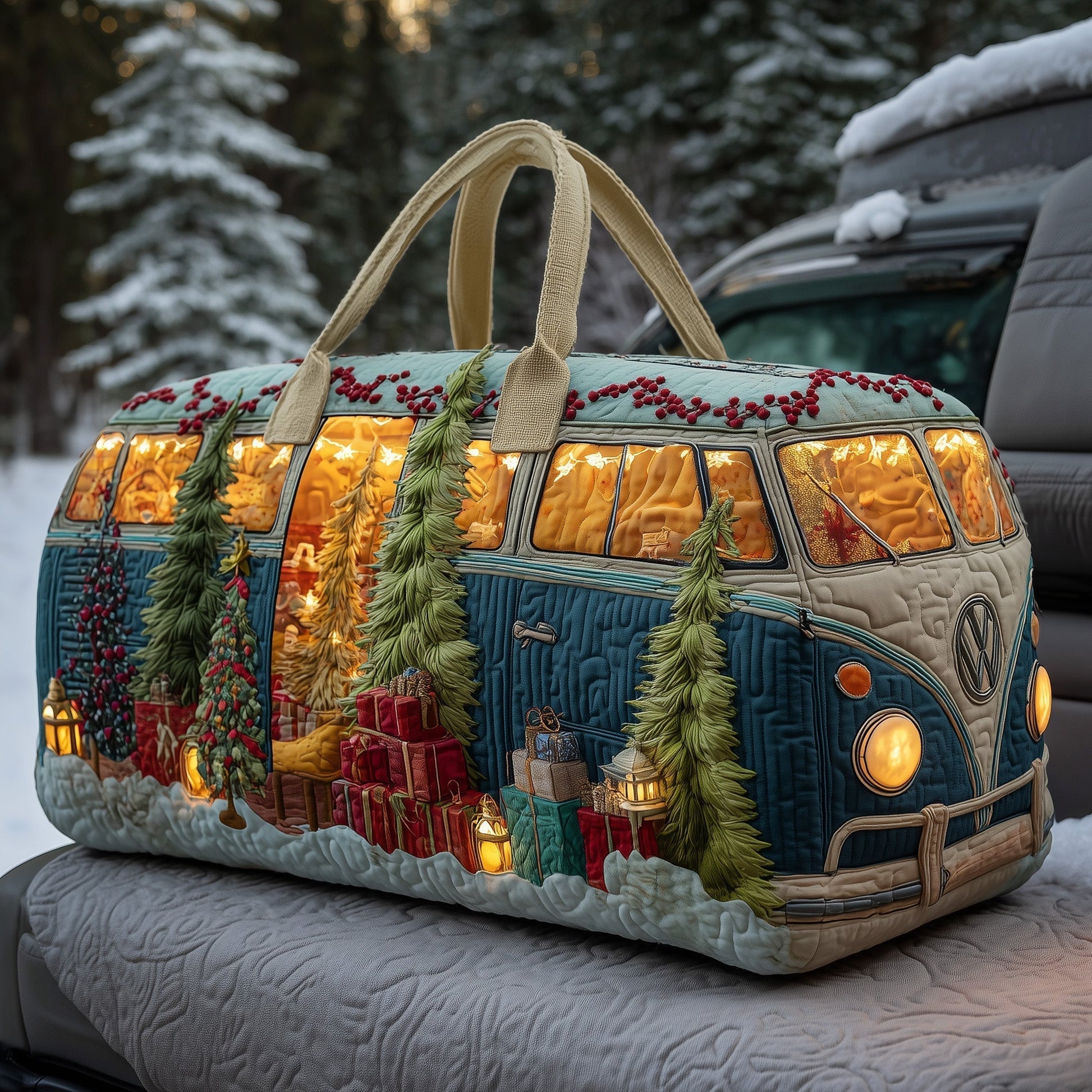 Quilted van-shaped duffle bag with Christmas lights, trees, and red accent detail