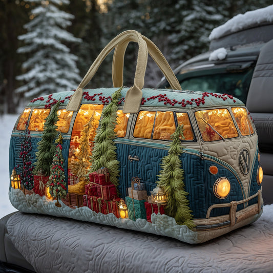 Quilted van-shaped duffle bag with Christmas lights, trees, and red accent detail