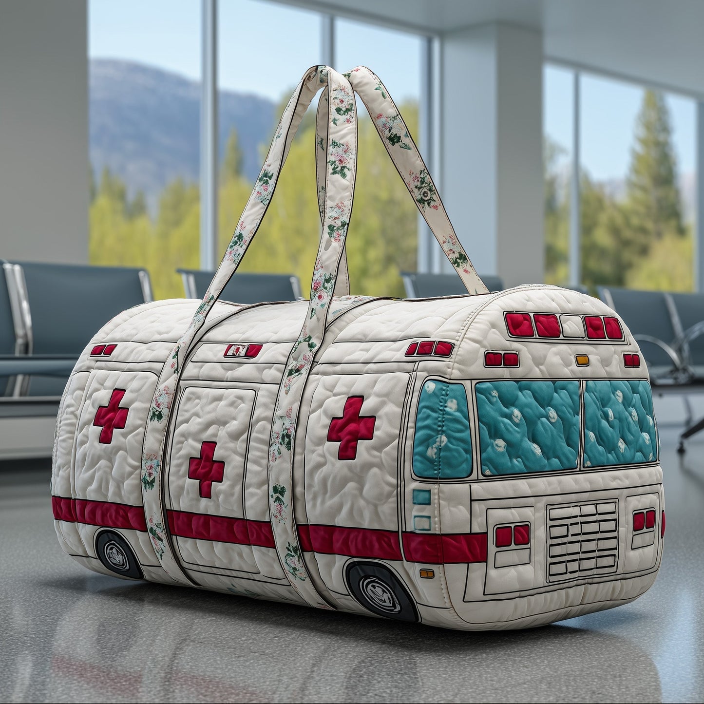 Quilted duffle bag with quilted panels, red cross patch, and fabric handle straps
