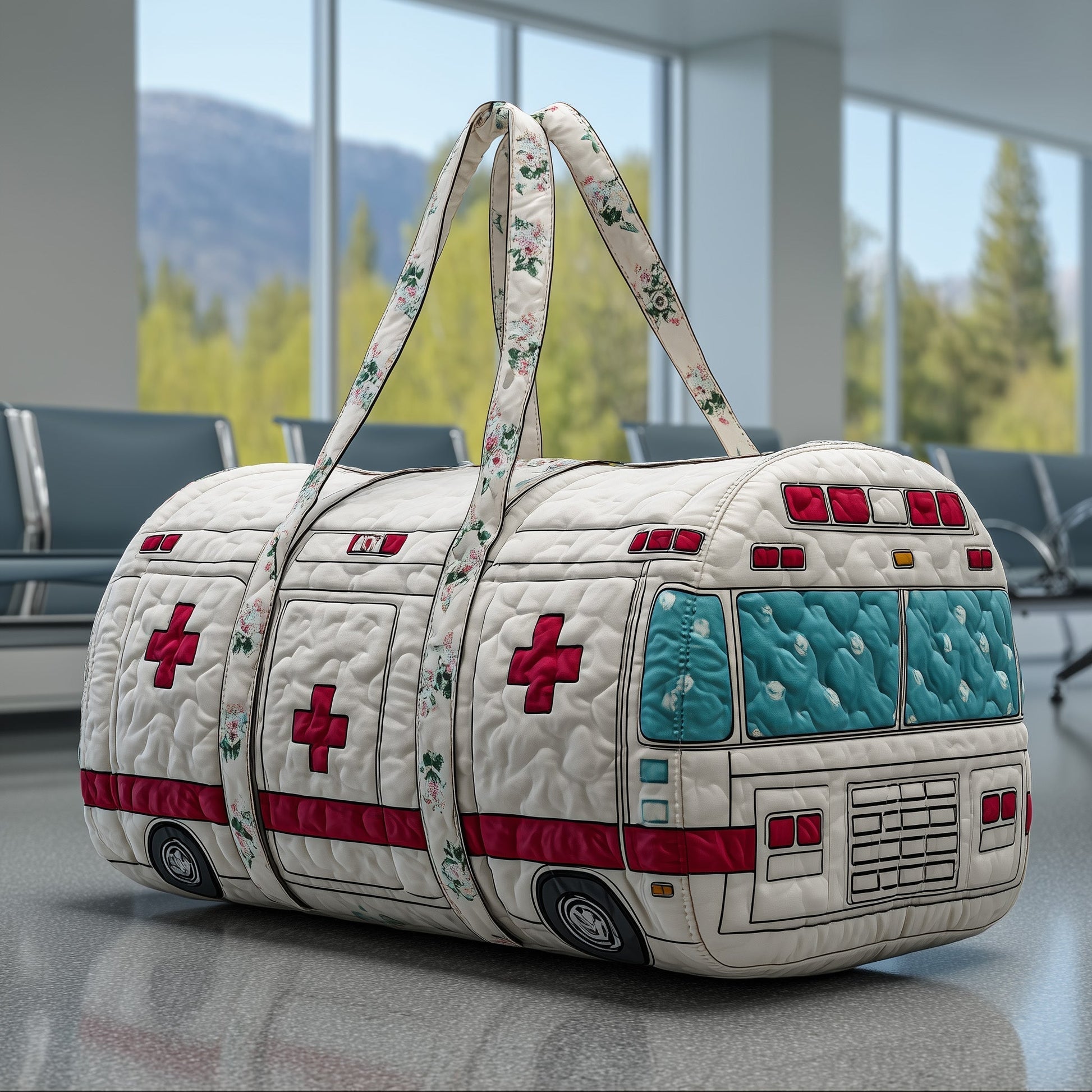 Quilted duffle bag with quilted panels, red cross patch, and fabric handle straps