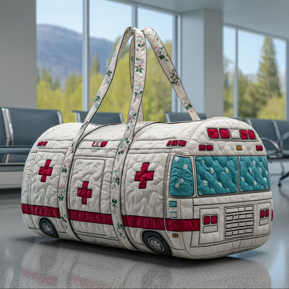 Quilted duffle bag with quilted panels, red cross patch, and fabric handle straps