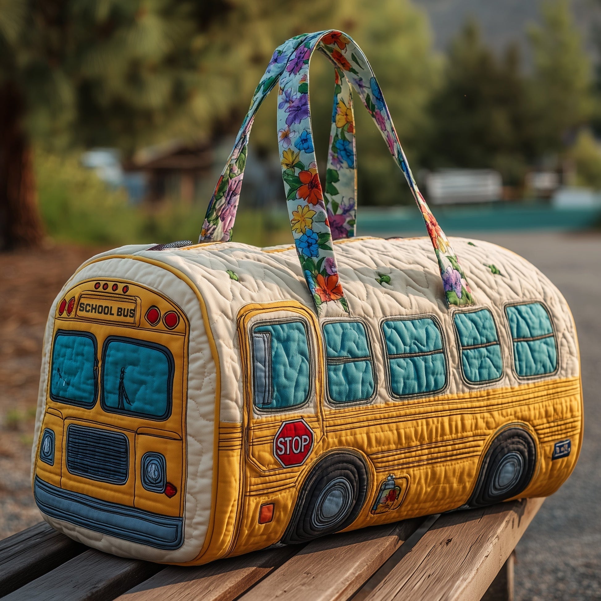 Quilted school bus duffle bag with floral shoulder straps and bus-shaped design
