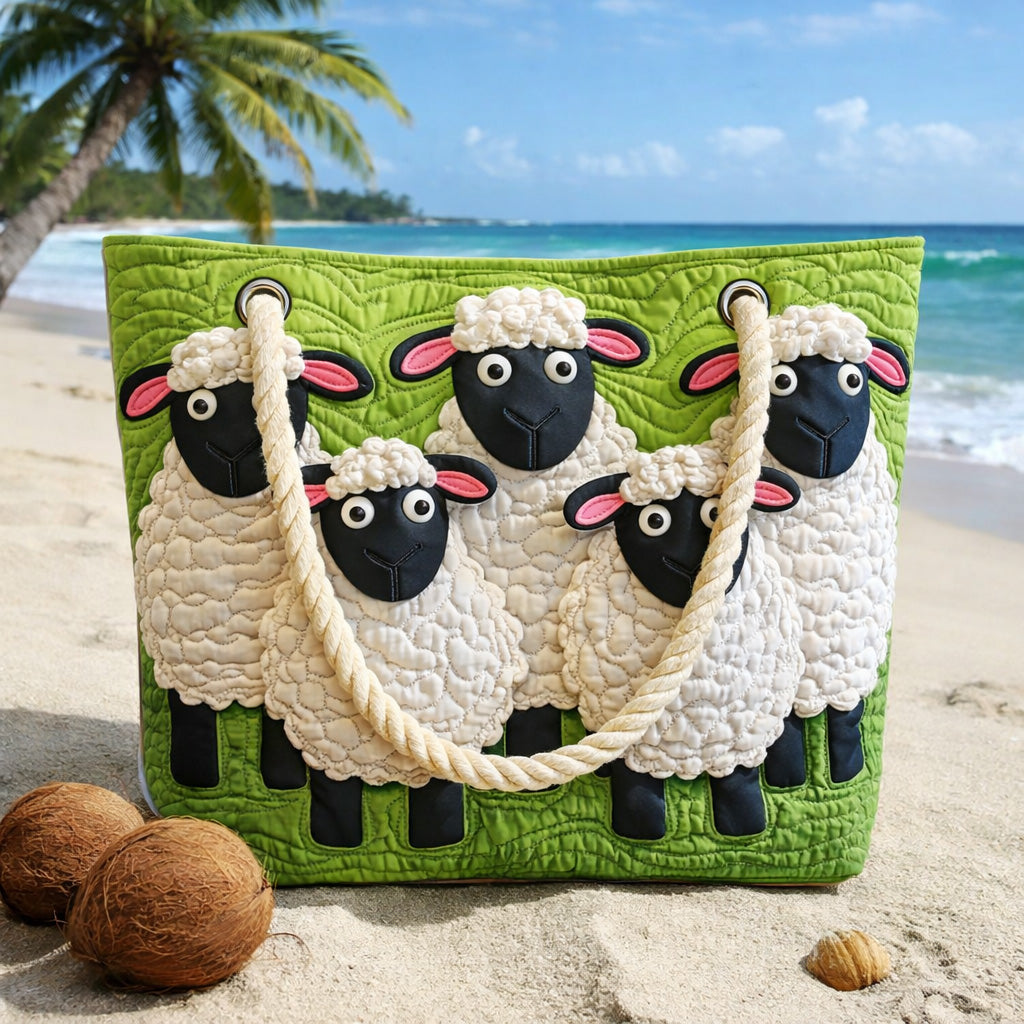 Handcrafted beach bag with sheep appliqués and rope handles