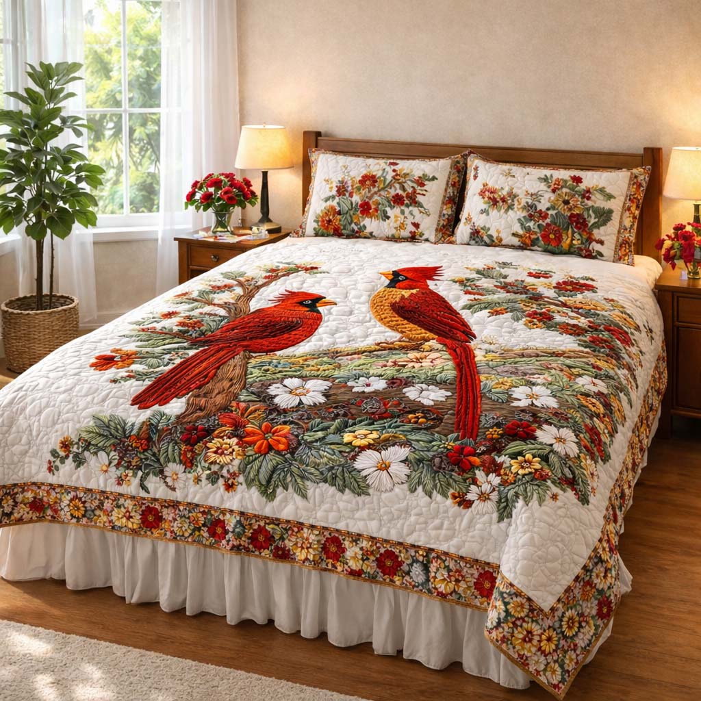 3-Piece Quilted Bedding Set - Cardinal Love Dance Margaret York