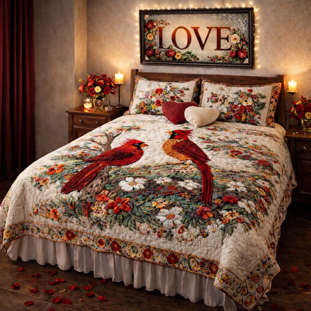 3-Piece Quilted Bedding Set - Cardinal Love Dance Margaret York