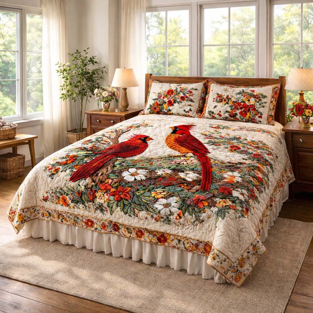 3-Piece Quilted Bedding Set - Cardinal Love Dance Margaret York