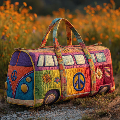 Quilted duffle bag with colorful patchwork panels, top handles, and peace-sign front