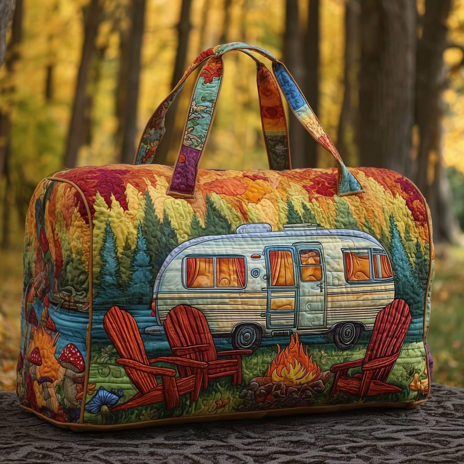 Multicolor quilted duffle bag with camper print, top handles, and wide zipper opening